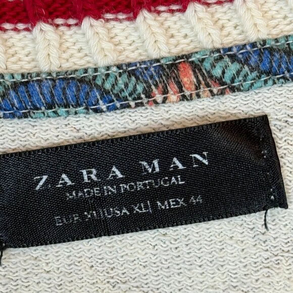 Zara Sweater Blue Red Geometric Print Striped Cuffs Cotton XL - Picture 9 of 10